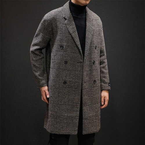 YASUGUOJI Casual Zweireiher Herren Wolle Mantel Winter Hahnentritt Jacke Männer drehen-unten Kragen Lange Woll Wind Mantel: coffee A170 / 4XL