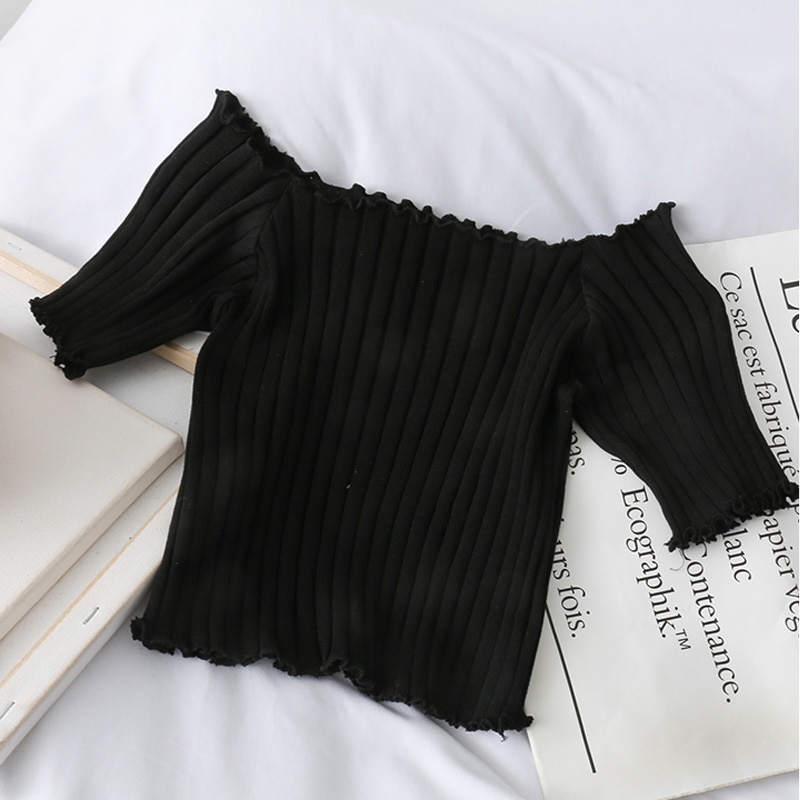 Kvinnor t-shirt off shoulder stickad crop tops kvinnor solida kortärmade smala t-shirts kvinnor sommar