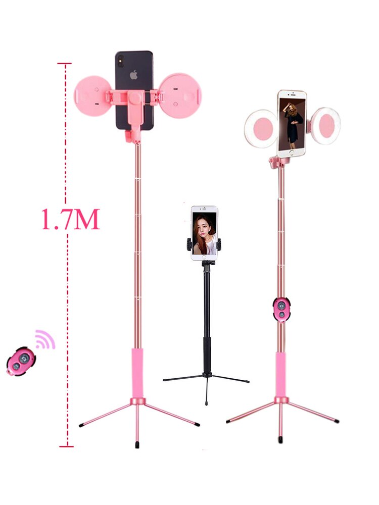 1.7m Extendable live Tripod Selfie Stick Support LED Ring Dual light mirror Stand Ring Light Phone Mount for iPhone 11 X Android