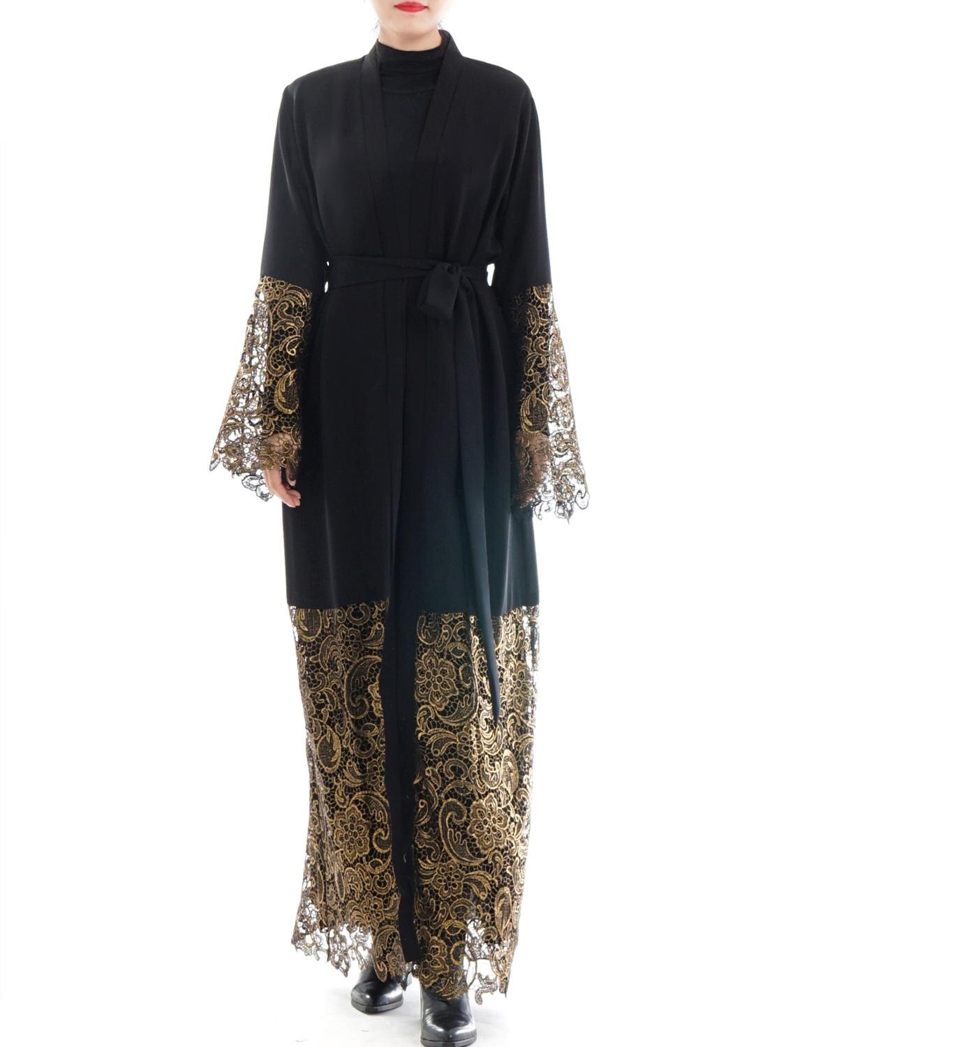 Femmes Robe musulmane dubaï Abaya noir dentelle Robe à manches longues Cardigan caftan Maxi robes vêtements islamiques SL1147