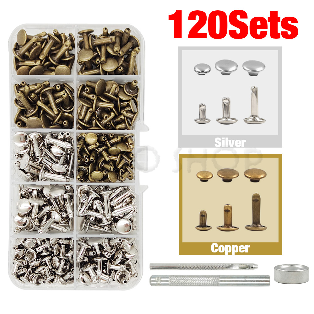 Metal Double Cap Rivets Stud Round Nail Spike With Tool Kits For Leathercraft Repair Shoes Bag Belt Clothing Garment Accessories: Black Nickel