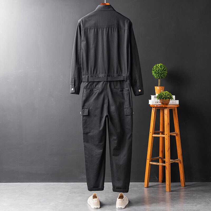 Mono de manga larga de algodón con solapa para hombre, ropa de trabajo japonesa, holgada, con múltiples bolsillos, pantalones Cargo, color caqui y negro