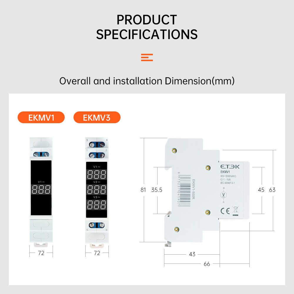Voltímetro trifásico Digital Led Modular para medidor de voltaje de carril Din Ac 220v 230v 380v 80-500V EKMV3 ETEK