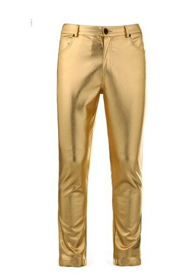Herrmärke guld silver slim stage pu byxor / m-xxl