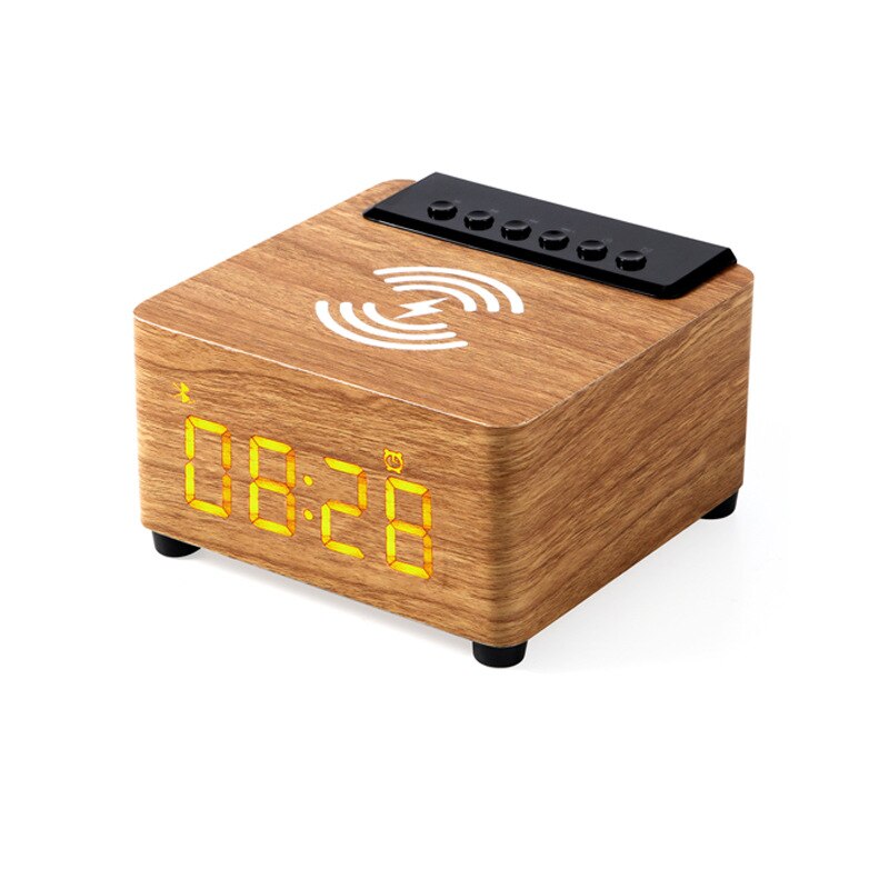 Wekker Houten Draadloze Bluetooth 5.0 Speaker Snelle Draadloze Oplader Surround 3D Stereo Boombox Met Subwoofer Sound Box