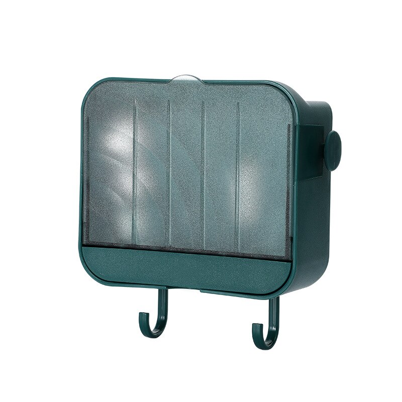 1PC Vertical Soap Box With Dust Cover Bathroom Nail Free Wall Mounted Soap Storage Rack With Hooks Plastic Soap Holder: A-Green
