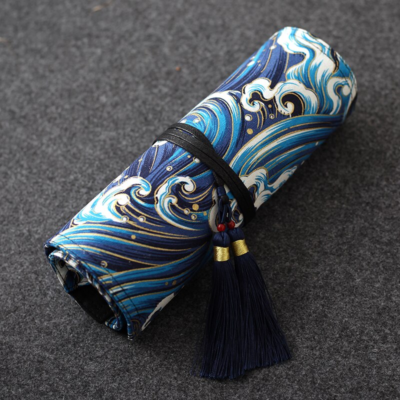 7.5 inch Antiquity Pencil Case Pen Wrap Double Tassel Ocean Wave Printing Sea Cliff Coffee Flower 4/7/10 Slots Clear Pattern