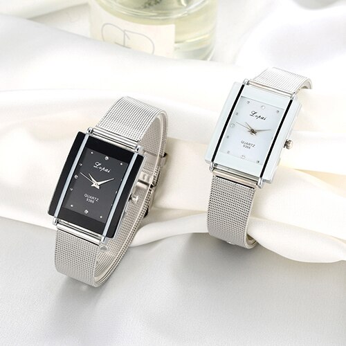 Men Women Rectangle Dial Stainless Steel Net Strap Quartz Wrist Watch