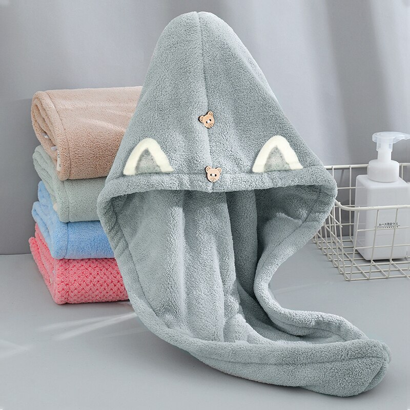 Quick Dry Hair Towels Women And Child Cute Cat Ear Super Absorption Thicker Microfiber Turban Towels With Bear Buttons