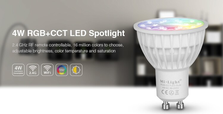 Milight  ac110v 220v 4w led pære dæmpbar  mr16 gu10 rgb+cct spotlight indendørs dekoration brug med 2.4g trådløse rf led fjernbetjening wifi