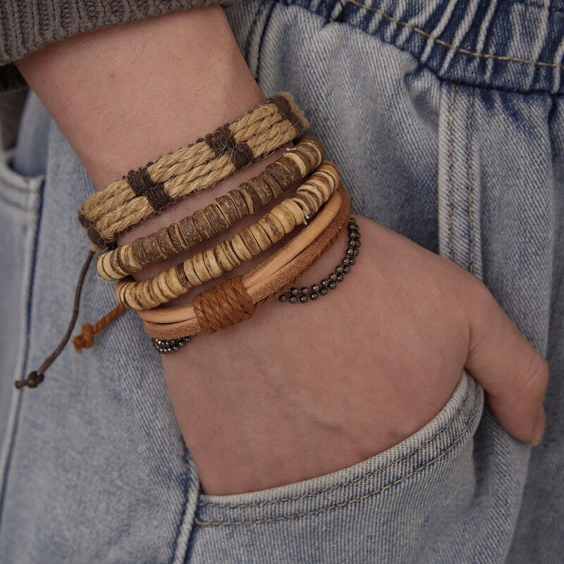 4 pezzi combinazione bracciale da uomo Set corda marrone perline di legno di cocco bracciali in pelle intrecciata per uomo regalo gioielli Pulsera Hombre