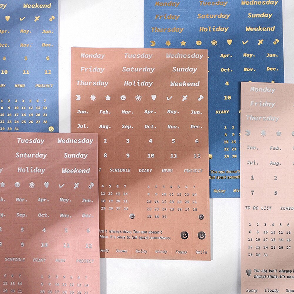 4 Sheets Basic Date Stickers Decoration Week Month Digital Bronzing Silver Craft DIY Journal Stickers Stationery