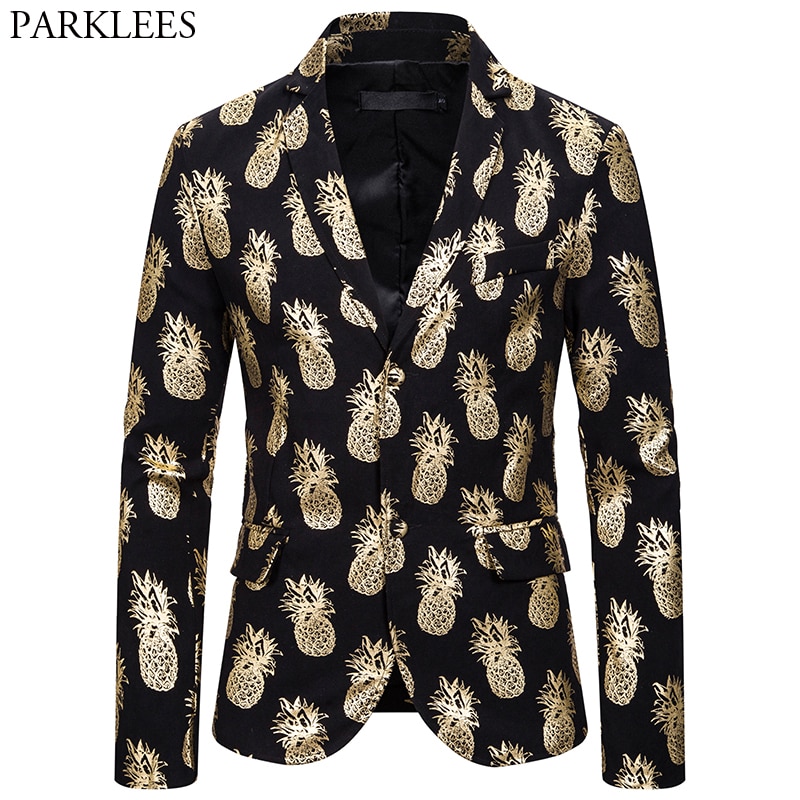 Mens Party Blazer Gouden Ananas Print Blazers Mens Slim Fit 2 Knop Pak Jas Mannelijke Bruiloft Prom Stage Kostuum homme