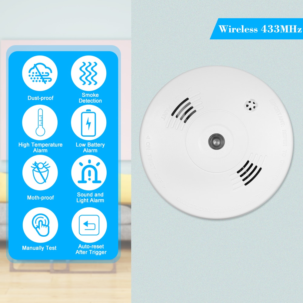 Wireless 433MHz Smoke Fire Detector Photoelectronic Temperature Sensor Inside Fire Alert Security Alarm