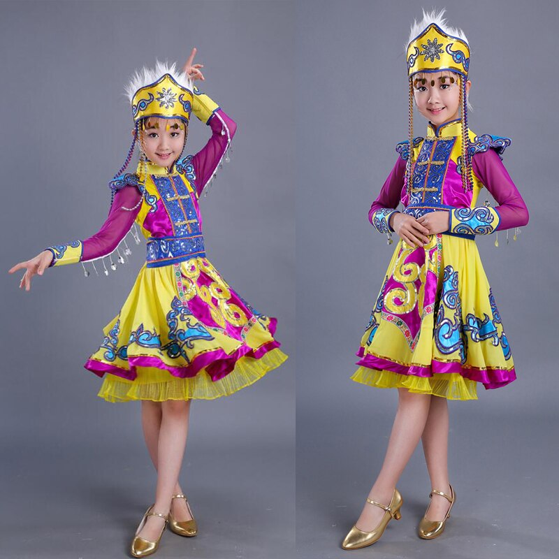 Vestido de Mongolia amarillo para niños para el escenario de los trajes nacionales chinos niñas Hmong Ropa de baile niños traje de danza tradicional