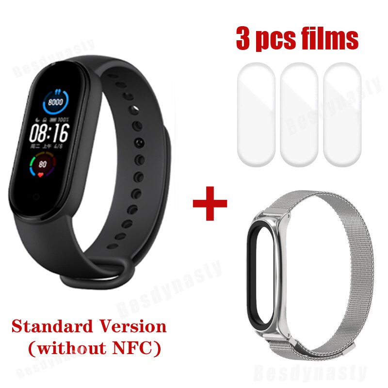 Xiaomi Mi Band 5 Fitness Bracelet Magnetic Charge 24h Heart Rate Sleep REM Nap Step Swim Sport Monitor Remind Alarm wristband 5: add sliver stainless