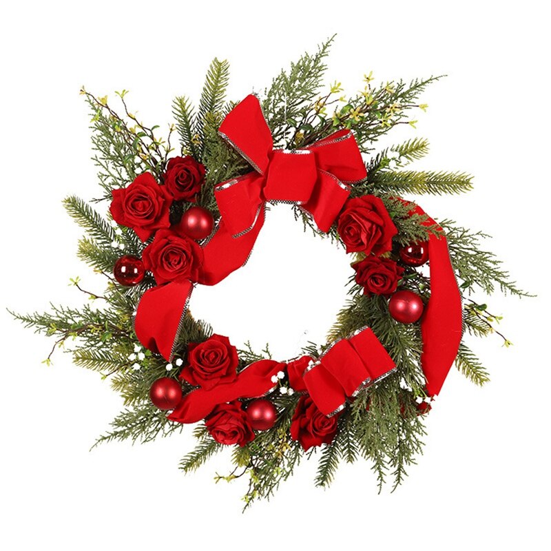 Couronne de pin artificielle avec Rose rouge, ruban rouge pour porte d&#39;entrée, fenêtre murale, maison, décoration de noël: Default Title