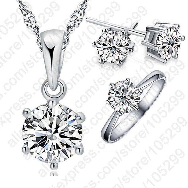 Klassieke Vrouw Bruiloft Sieraden Set 3 Stk/set 925 Sterling Zilver Wit Kristal Ketting Ring Oorbel: Ring size 10