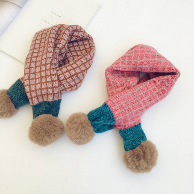 Écharpe tricotée à pompon en fausse fourrure pour enfants, écharpe d&#39;hiver à carreaux pour garçons et filles, cache-cou, accessoires pour bébés