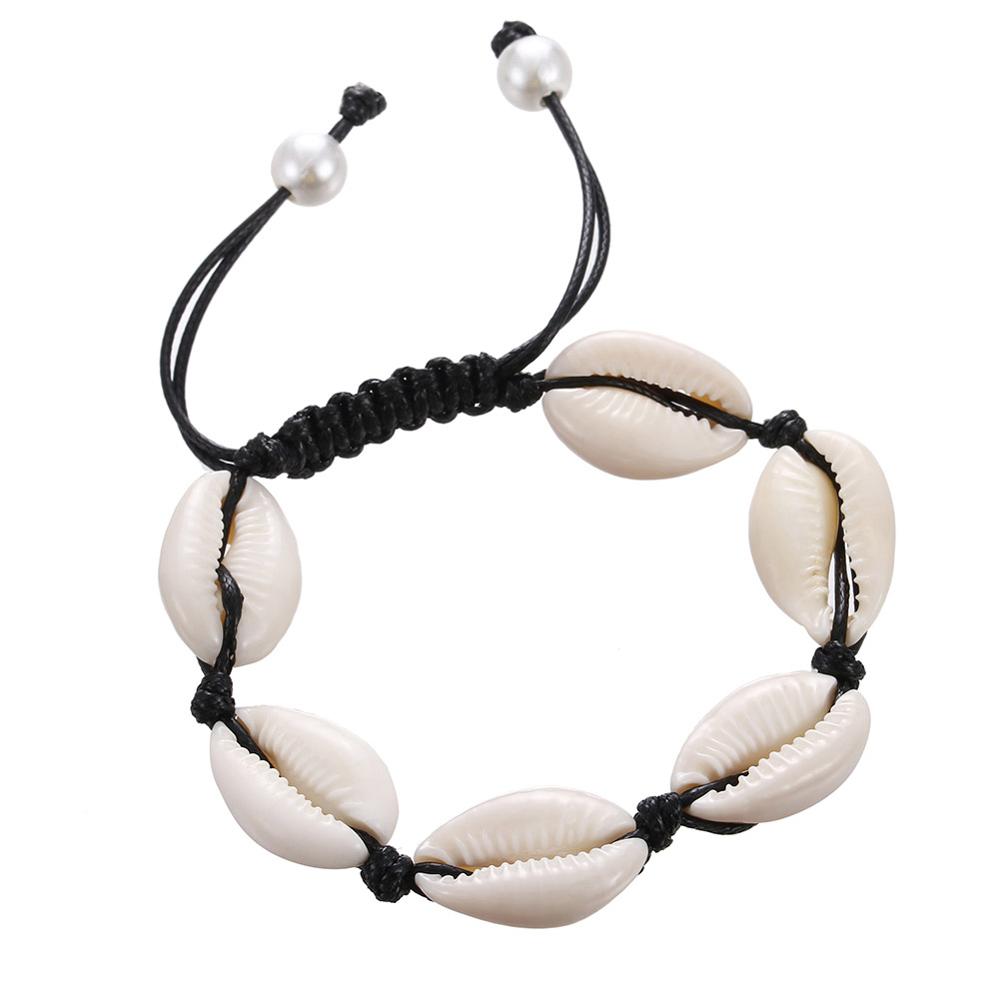 Natural Seashell Hand knit Rope Chain Bracelet Charm Bohemia Jewery Shell Bracelets Women Conch Beaded Strand Bracelets: Light Yellow Color