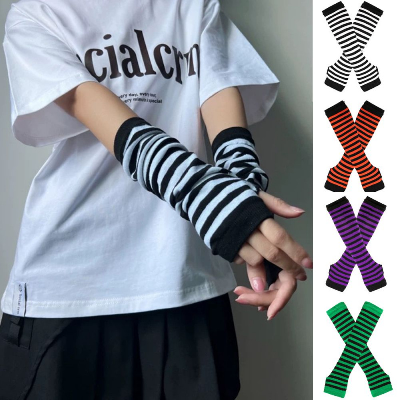 Mode Gebreide Lange Handschoenen Outdoor Punk Lange Mouwen Vingerloze Handschoenen Kerst Cos Elleboog Wanten Dame Gestreepte Elleboog Handschoenen