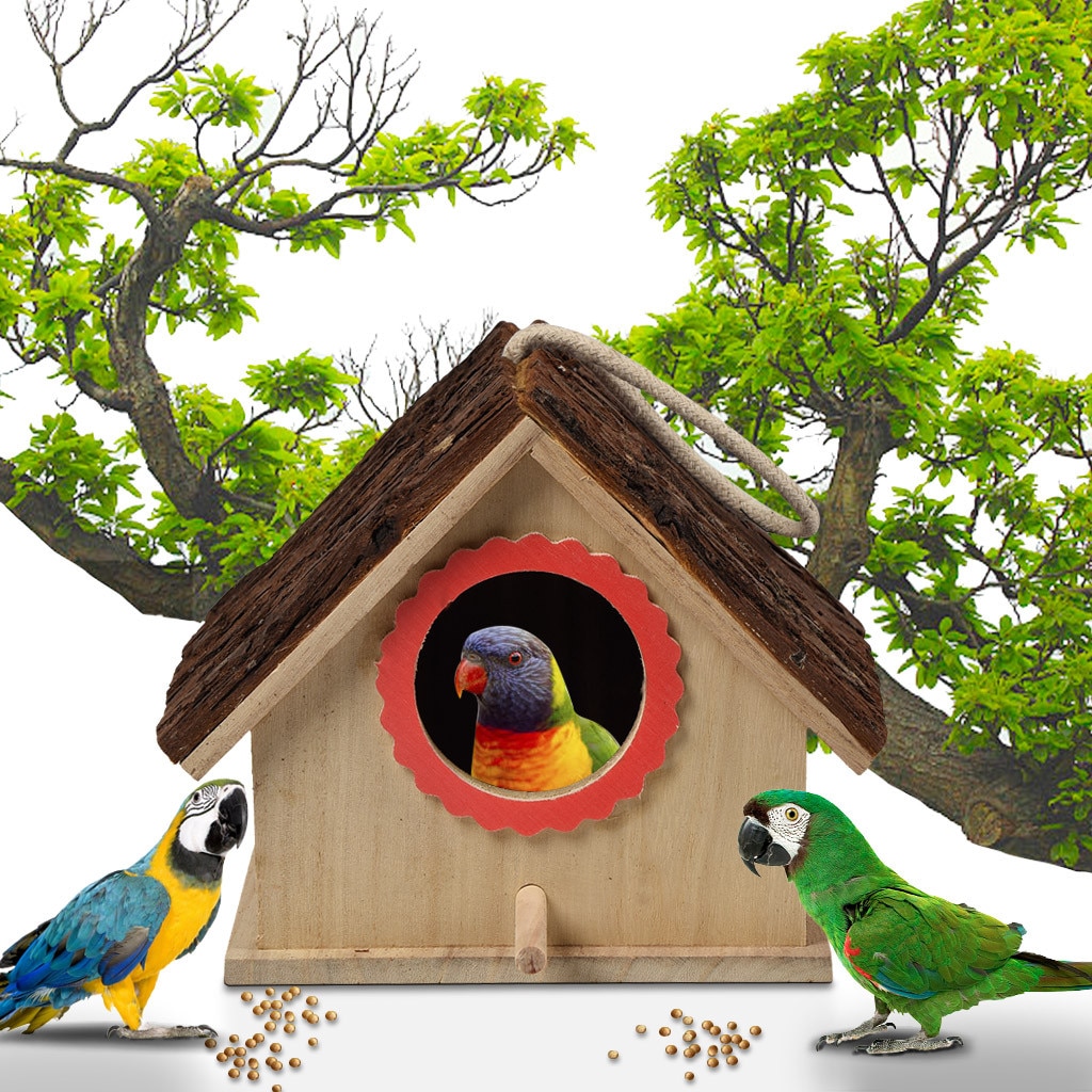 Cabine Milieuvriendelijke Gesimuleerde Bark Opknoping Kooi Huis Vorm Outdoor Vogelnest Voor Papegaai Boom Tuin Home Decor Houten DIY