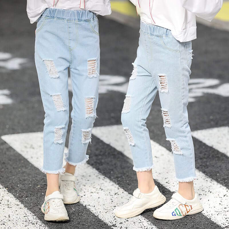 Pantalones vaqueros claros con agujeros para niñas, Jeans rasgados con agujero roto para niñas, pantalones con rasgado, modernos, 4-13 años