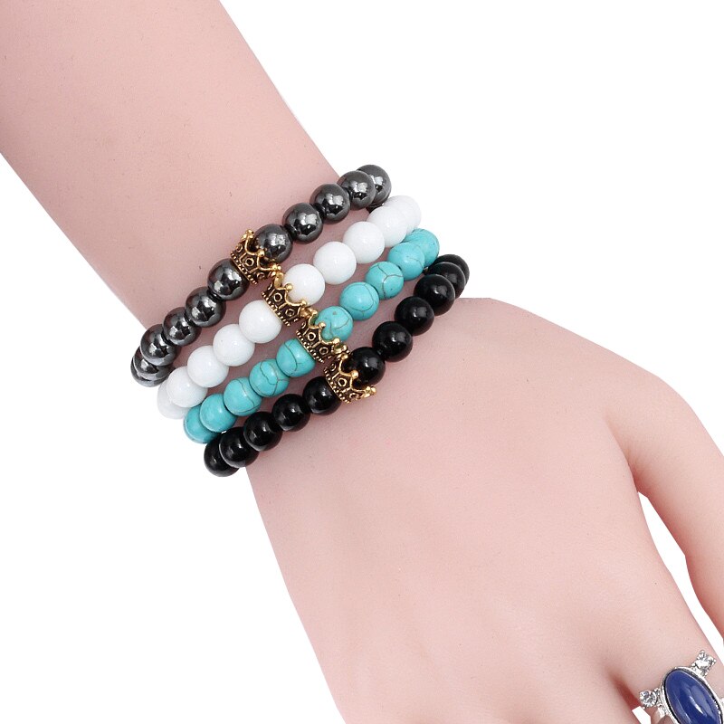 Heiße Neue Charme Krone Männer Armreifen Natürliche Stein Weiß Porzellan Perlen Armbänder Hand Zubehör Für Frauen Elastische Seil Hand Kette