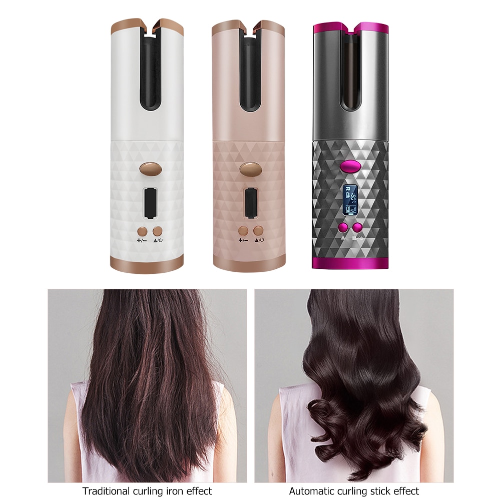 Sem fio automático rotativa cerâmica modelador de cabelo usb recarregável curling iron display lcd temperatura ajustável ondulação onda styer