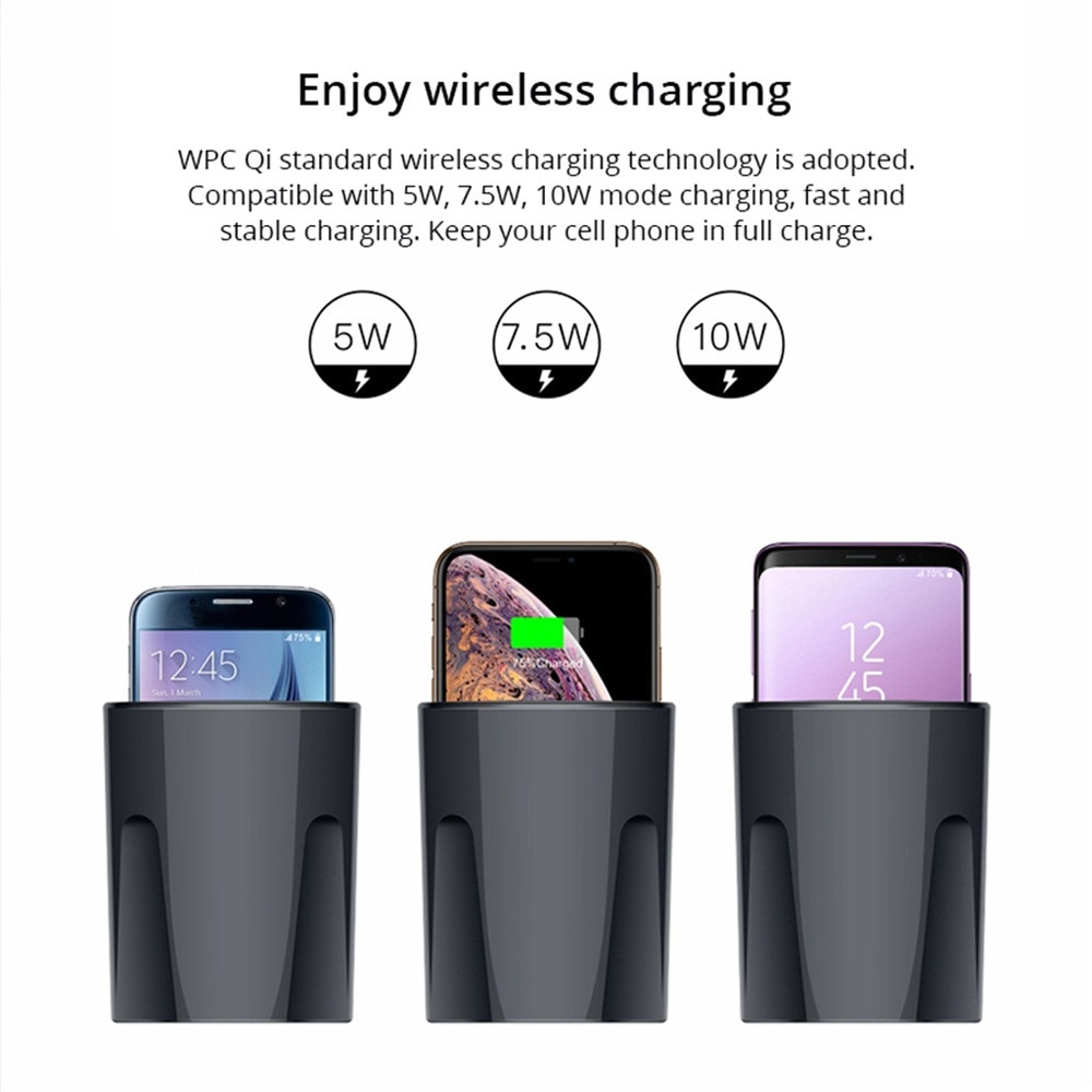 Portabicchieri Caricatore Wireless Auto - Ricarica Rapida 10W - Uscita USB - Con Supporto & Indicatore - Per iPhone 12/11/XS/XR