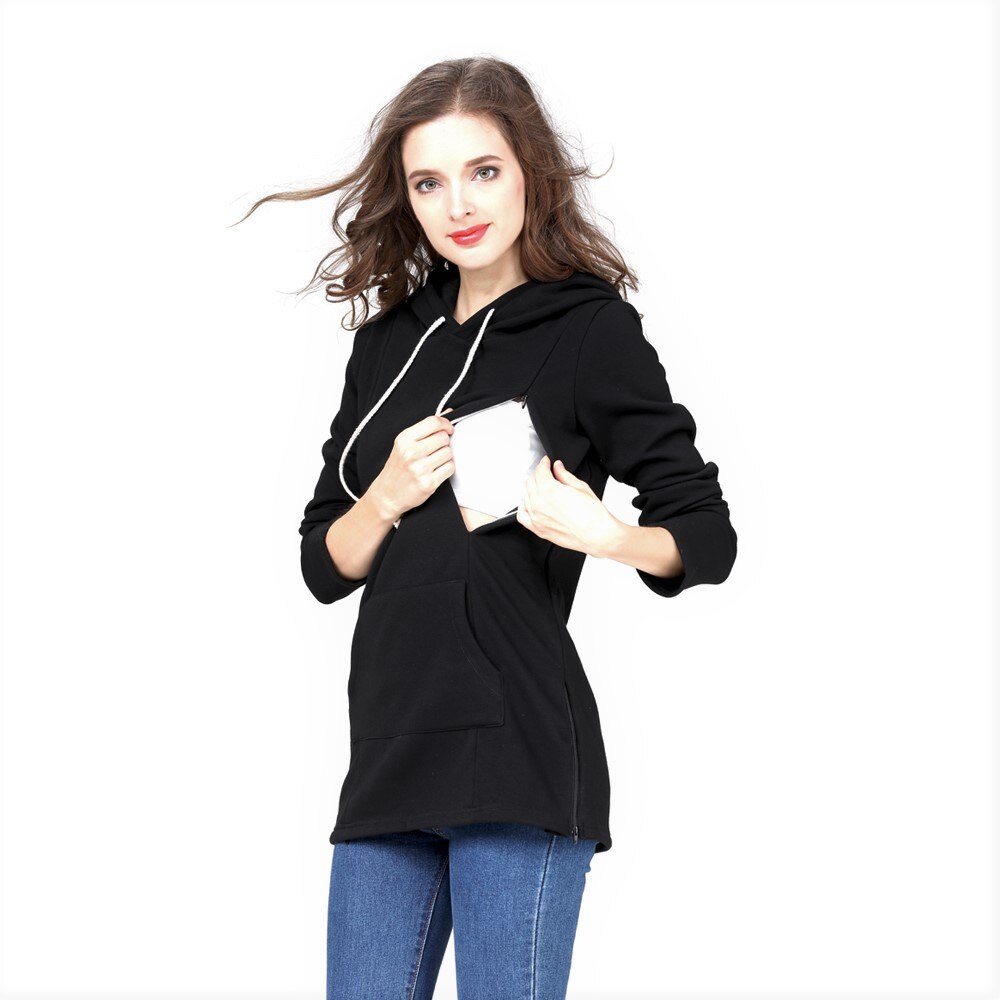 Winter Zwangerschap Moederschap Kleding Verpleging Tops Voor Zwangere Vrouwen Borstvoeding Hoodie Trui Mama Dragen Fleece: Black / M