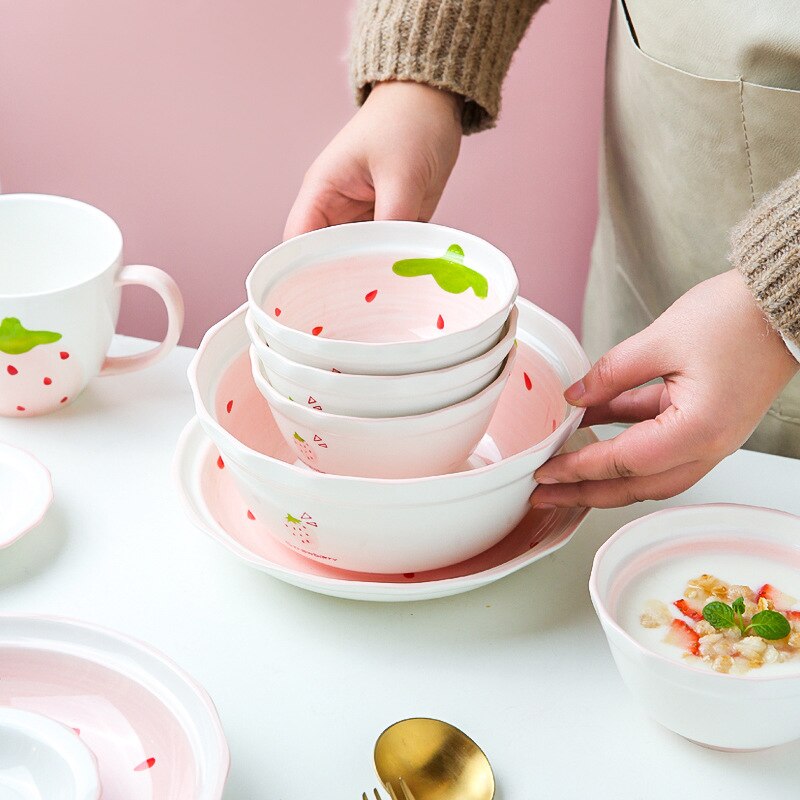 Ceramic Dinnerware Set Pink Dish Soup Spoon Noodle Plate Mug Food Bowl Girls Favor Easily Clean Home Use 1 Pcs Strawberry Style