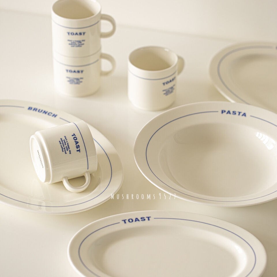 Koreansk stil retro bogstaver enkle blå keramiske tallerken service pasta stegte ris oval dyb tallerken morgenmad dessert snack tallerken