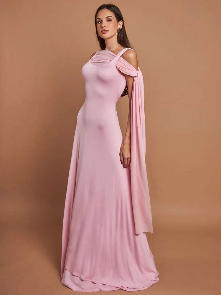 Mozision rosa cape-ärm sexig maxiklänning för kvinnor off shoulder rygglös klänning sned krage snörning lång klänning vesti
