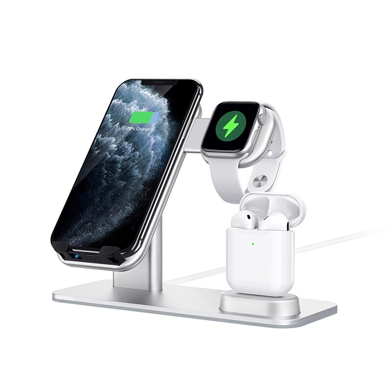 15 w alumínio 3 em 1 carregador sem fio qi suporte de carregamento rápido para iphone 11 pro xs max xr para iwatch 5 4 3 2 1 para airpods 1 2 pro: SILVER