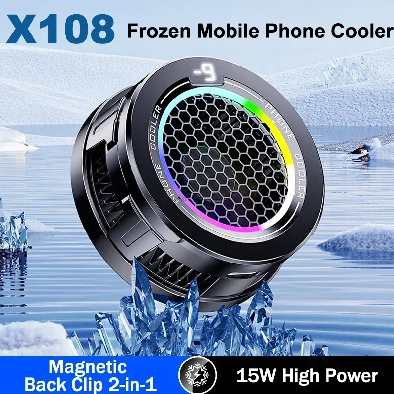 X108 15W Dispositivo di raffreddamento del telefono cellulare Ventola di raffreddamento a semiconduttore Radiatore per iPhone Android PUBG Clip magnetica/posteriore 2 IN 1 Dissipatore di calore freddo