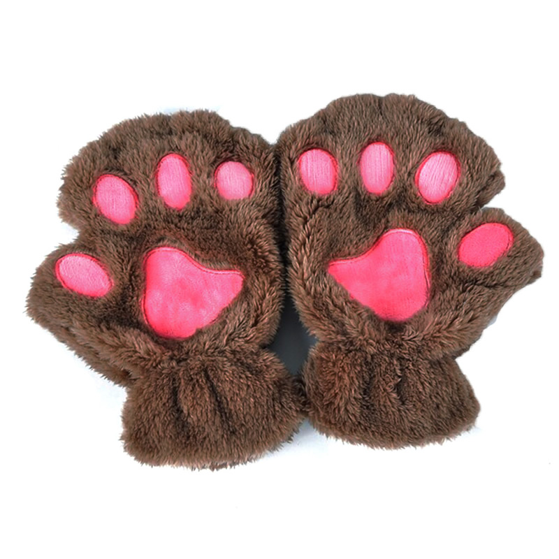 Winter Women Cute Cat Paw Claw Plush Mittens Short Fingerless Finger Half Gloves -Y107: Khaki