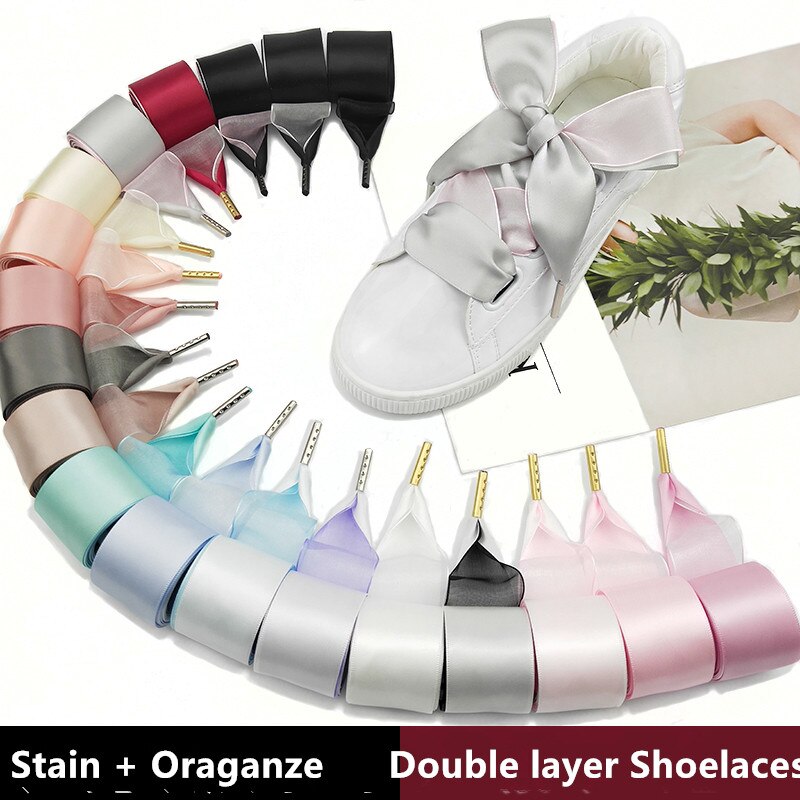 Boutique Schnürsenkel 19 Farbe 3,2 cm Breite Doppel Satin Organza Schnürsenkel Schöne Spitze Verbreitert Freizeit Sport Schuhe Schnürsenkel