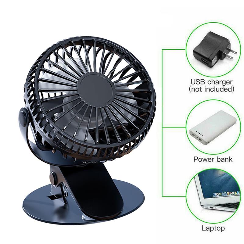 Portable USB Type Table Fan Clip-on Rechargeable Cooling Mini Desk Fan 360 Degree Rotation Adjustable 3 Speeds Clip-on Fan