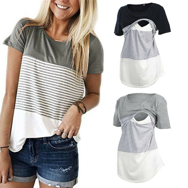 Donne Maternità Vestiti Allattamento Al Seno Magliette E Camicette Manica Corta T-Shirt Infermieristica Estate Casual Allentato Morbido A Righe Della Signora Magliette E Camicette T-Shirt