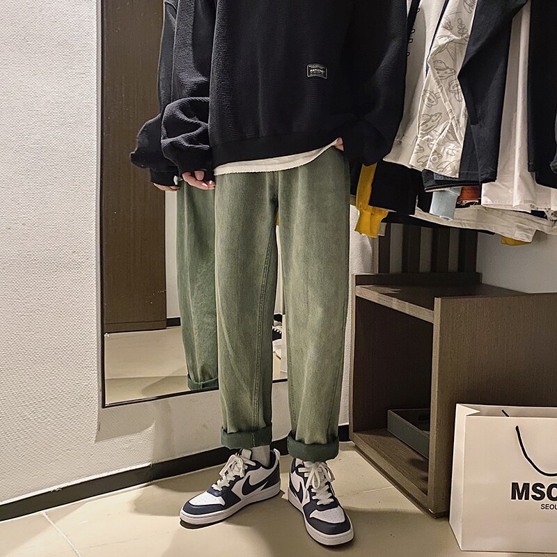 Green Khaki Beige Jeans Men Cotton Casual Jeans Men Streetwear Loose Hip Hop Straight Denim Pants Mens Trousers M-2XL