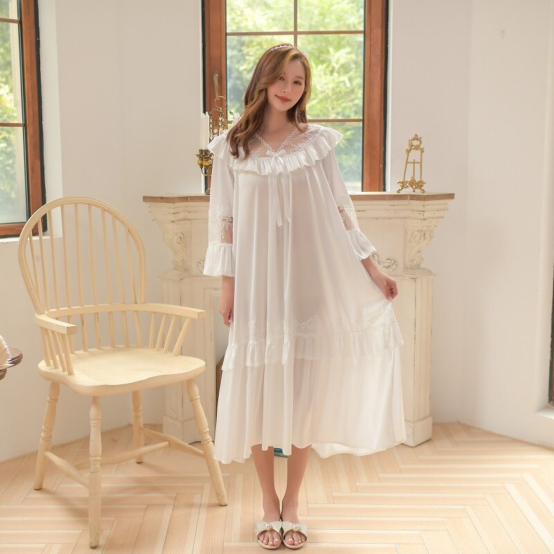 Vintage Princess Satin Women's Nightgowns Spring Autumn Lace Sweet Sleepwear Lovely Bride Luxury Dress Home Wear: White