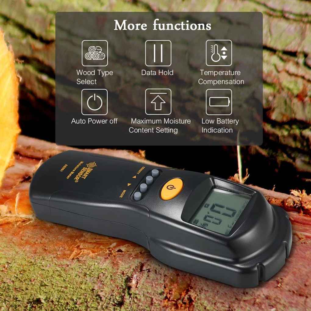 SENSOR inteligente AS981, medidor de humedad de madera, LCD inductivo, Digital, Mini Detector de humedad de madera, rango de prueba 2-70%