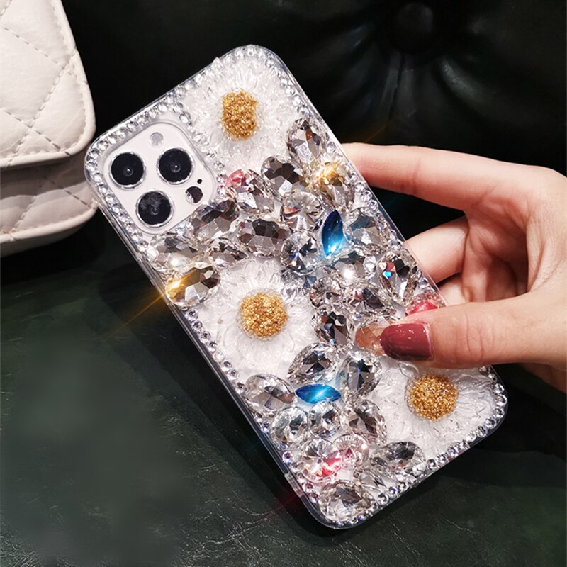 Bling Diamond Daisy Bloem Crystal Case Voor Iphone 12 11 Pro Max Xs Xr X 7 8 Plus 12 Mini case Glitter Strass Zachte Tpu Cover