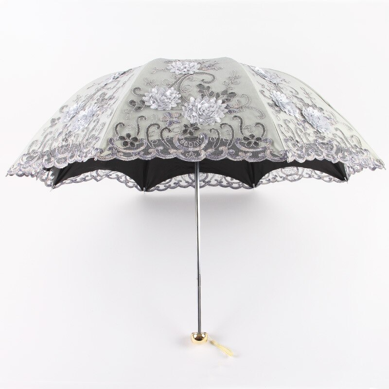 Vrouwen Vouw Paraplu Borduren Kant Dubbele Laag Zwarte Lijm Paraplu Tri-Fold Paraplu Uv-bescherming Parasol Sunny Paraplu