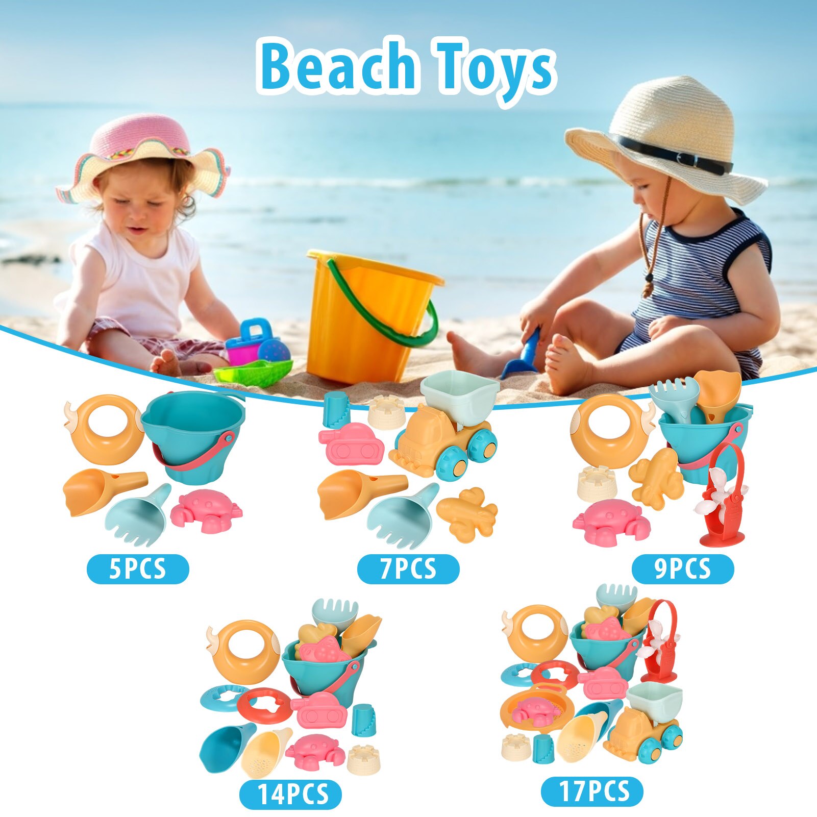 Juguetes de playa para niños, kit de juguetes playeros infantiles, baldes, palas, caja de arena, rastrillo, animales marinos de goma suave para niños pequeños, 5-17 uds.