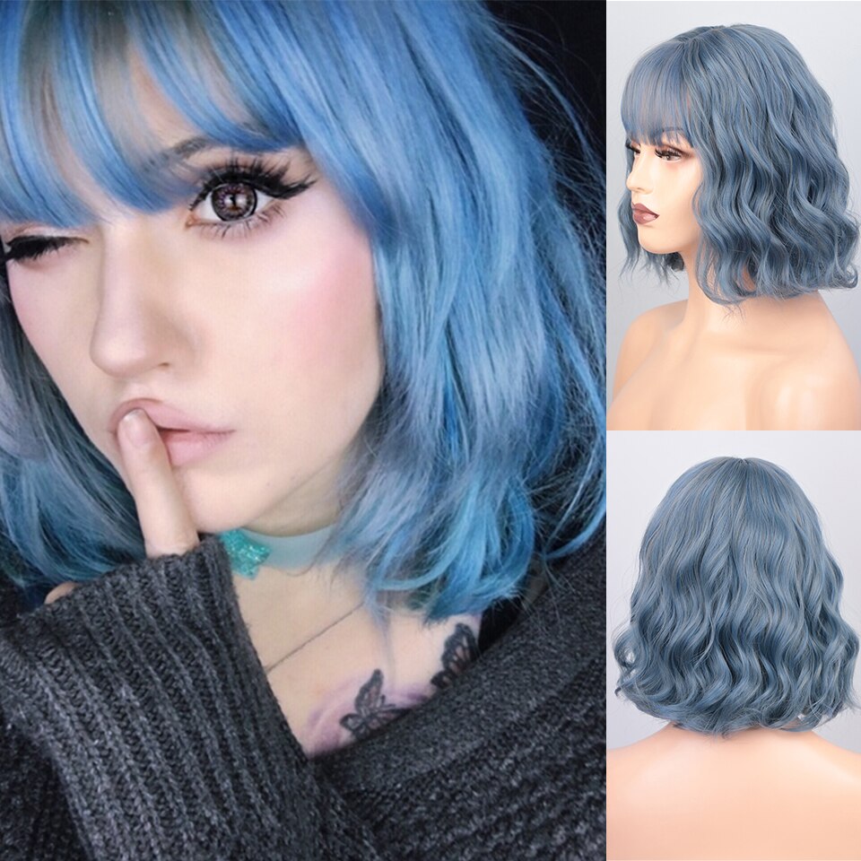 SUe EXQUISITE Wavy Wig 12'' Short Bob Wigs With Air Bangs Shoulder Length Women's Curly Wavy Short Wig for Halloween Costume