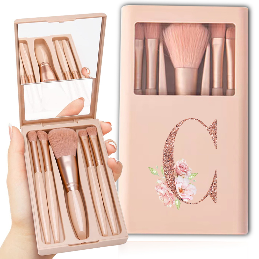 Kit de brochas cosméticas con espejo y estuche, caja plegable, juego de brochas de maquillaje, herramienta de belleza portátil, patrón de letras de oro rosa, 5 uds.: Blanco