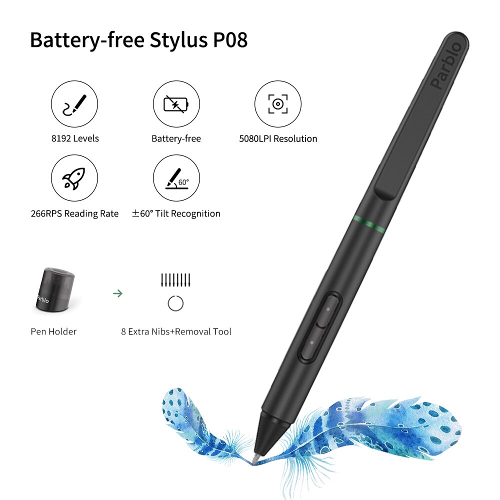 Parblo Intangbo(S) Graphic Draw Tablet Support Android Phone Digital Handwriting Pen Tablet Tilt Function Battery-Free Stylus
