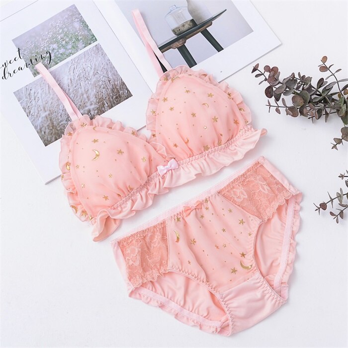 Japanese Womens Sweet Star Print No rims Bra & Briefs Sets Lolita Bowknot Ruffle Underwear Sets Breathable Teen Girls Bra Sets: Pink / L